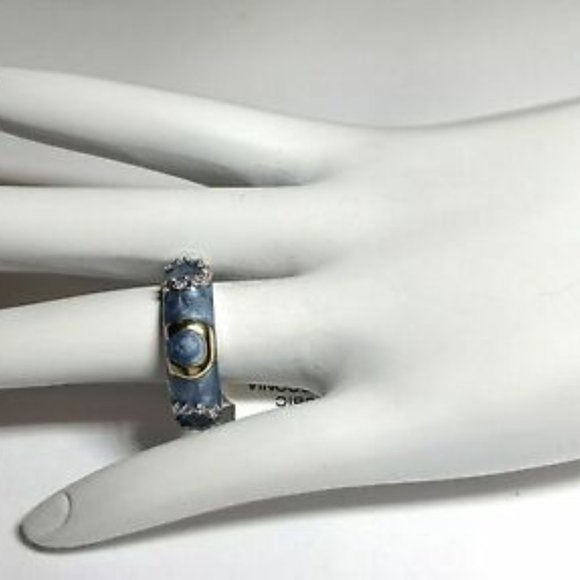 Silver Gold Blue Enamel Ring Band Size 9 Eternity Rhodium Plated Cubic Zirconia - Picture 5 of 8